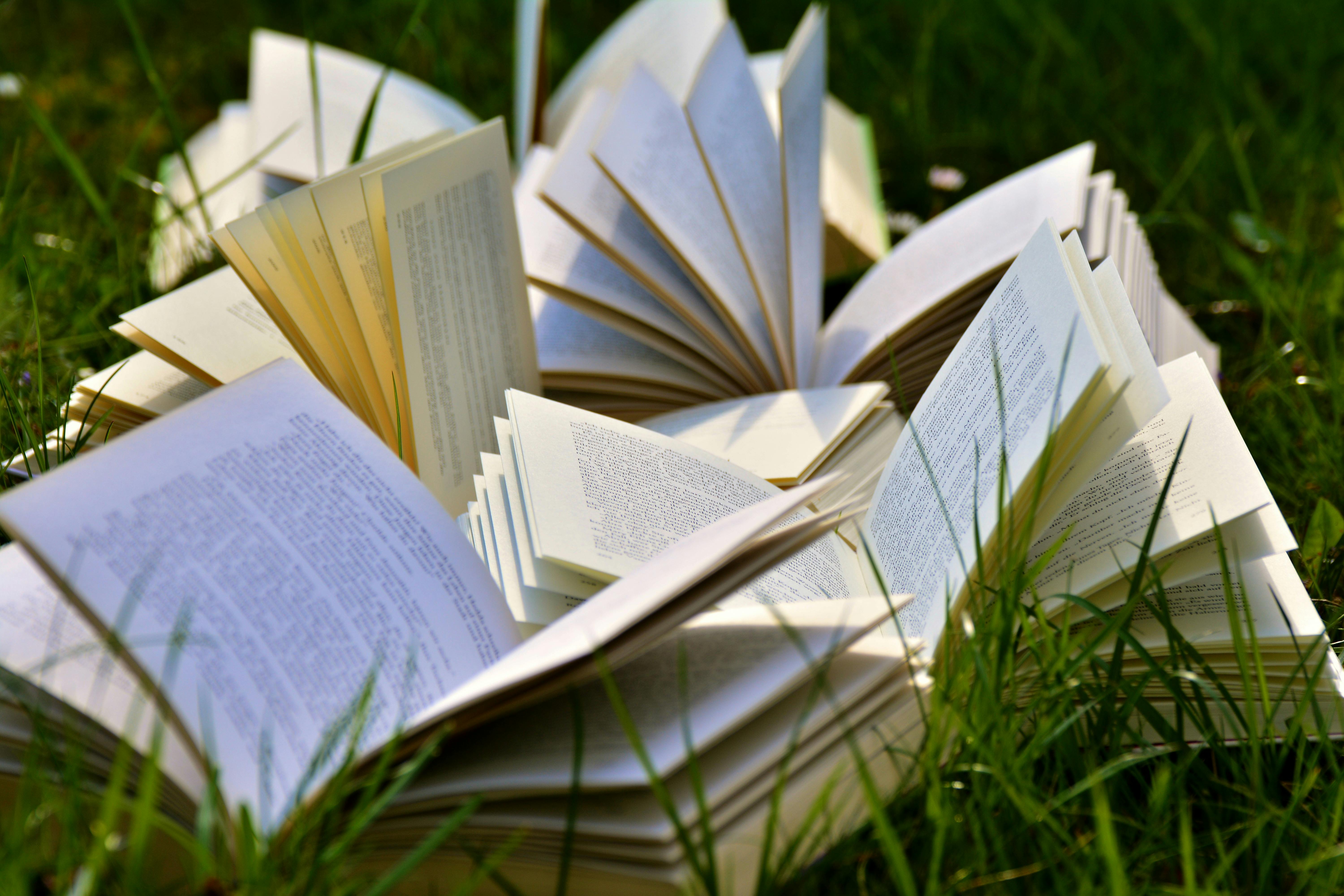 An artistic arrangement of open books in a grassy field, emphasizing a love for outdoor reading.